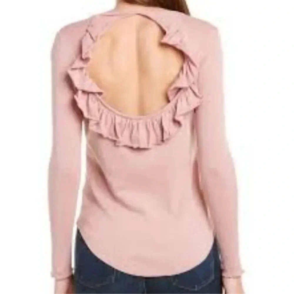 Chaser Henley Open Back Long Sleeve Knit Top M Pink Front Button Lettuce Hem NWT